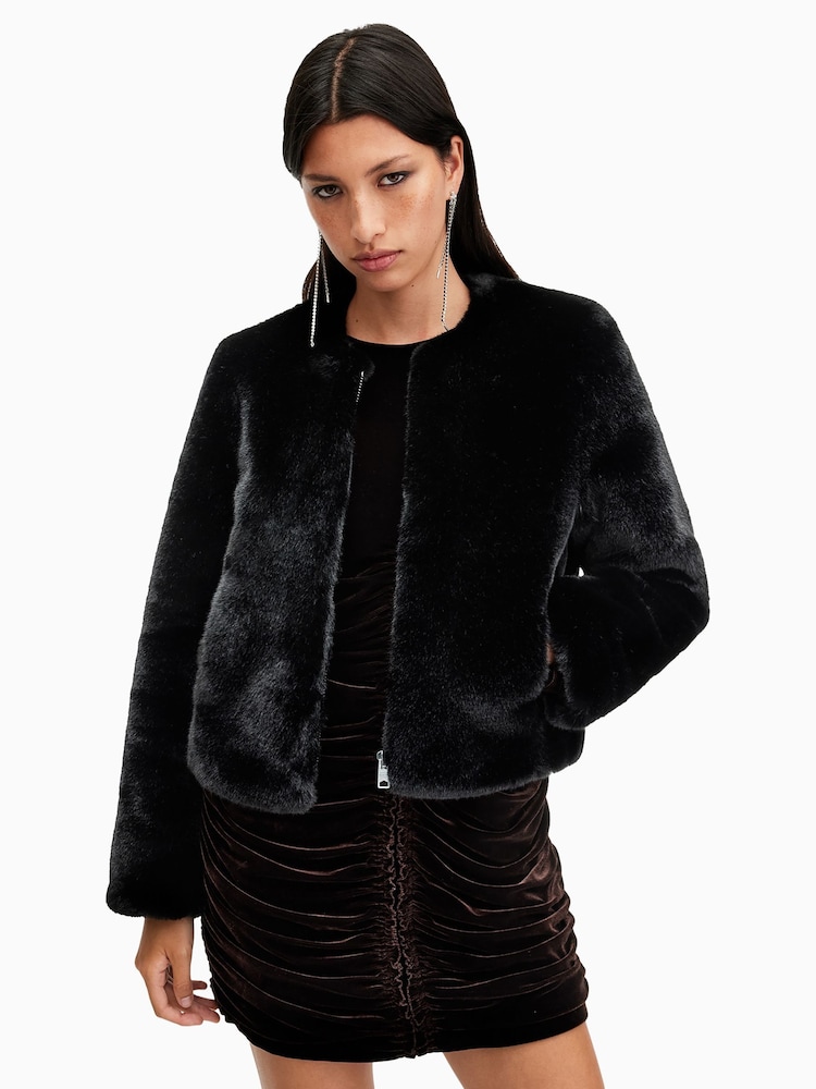 AllSaints Black Florence Faux Fur Coat - Image 8 of 10