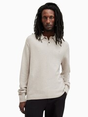AllSaints Grey Statten Long Sleeve Polo Shirt - Image 1 of 7