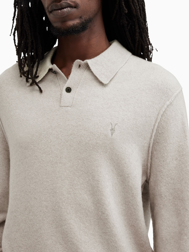 AllSaints Grey Statten Long Sleeve Polo Shirt - Image 2 of 7