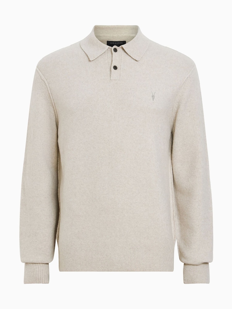 AllSaints Grey Statten Long Sleeve Polo Shirt - Image 7 of 7