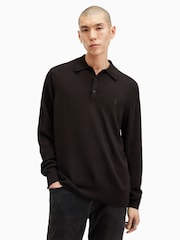 AllSaints Brown Kilburn Long Sleeve Polo Shirt - Image 1 of 6