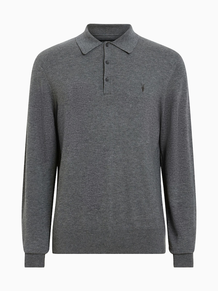 AllSaints Grey Kilburn Long Sleeve Polo Shirt - Image 5 of 5
