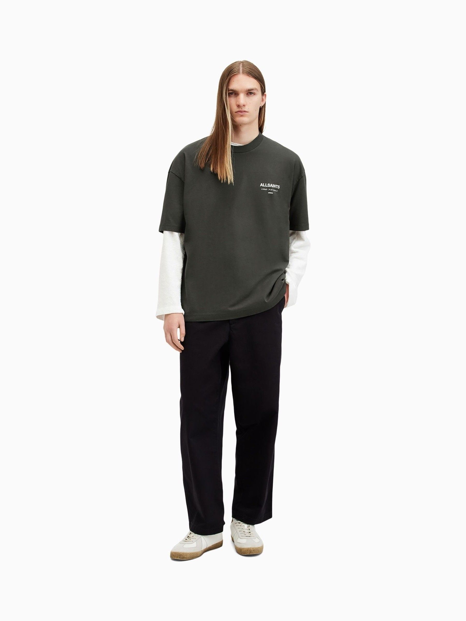 Buy AllSaints Olive Green Underground Oversized Cotton Crew Neck T