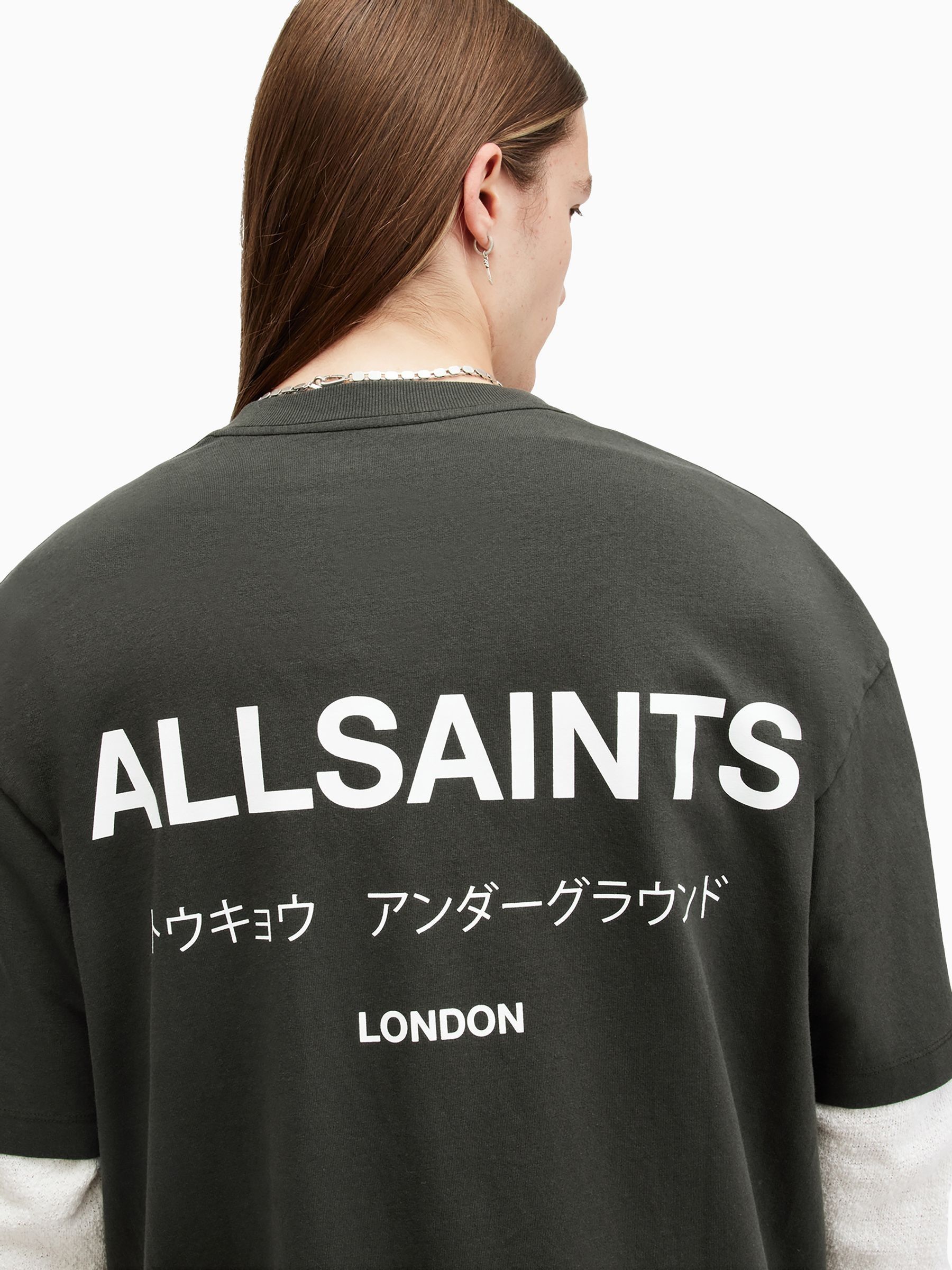 Buy AllSaints Olive Green Underground Oversized Cotton Crew Neck T