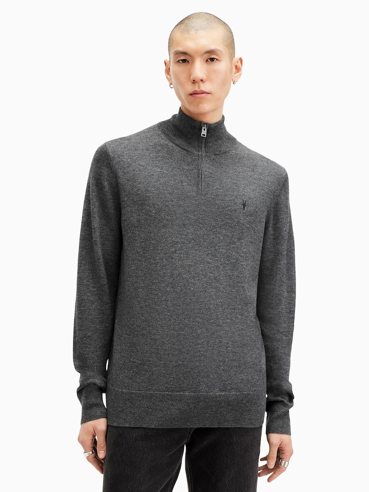 AllSaints Grey Kilburn Zip Funnel Jumper - Image 1 of 5