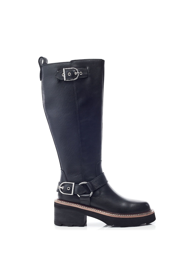 Moda in Pelle Ludres Buckle Detail Chunky Long Black Boots - Image 1 of 4