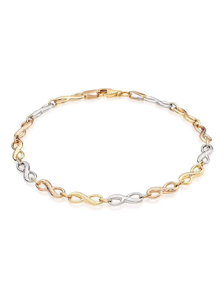 Beaverbrooks 9ct Yellow Gold Tone, White and Rose Gold Infinity Bracelet - Image 1 of 3