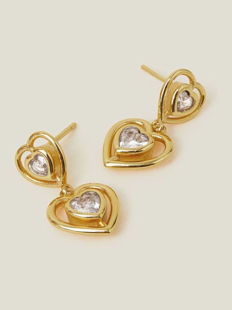 Accessorize Gold Tone 14ct Diamante Heart Drop Earrings - Image 2 of 3