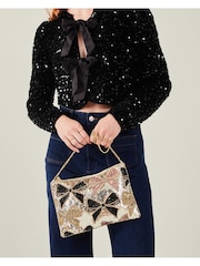 Accessorize Gold Sequin Bow Zip Top Clutch Bag - Image 1 of 3
