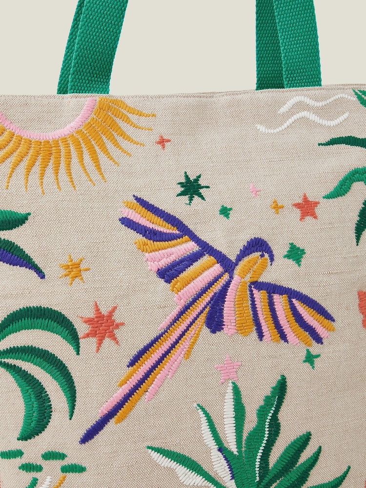 Accessorize Natural Embroidered Parrot Large Tote Bag - Image 3 of 3 Accessorize Natural Embroidered Parrot Large Tote Bag - Image 3 of 3