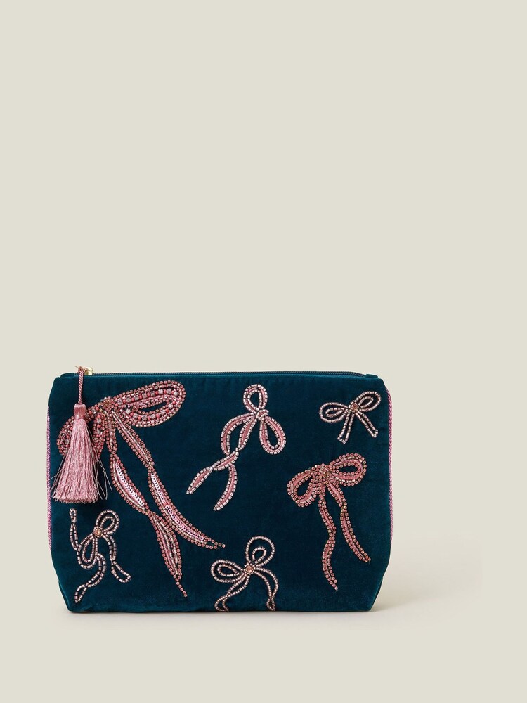 Accessorize Blue Large Velvet Embellished Bow Pouch - Image 1 of 2 Accessorize Blue Large Velvet Embellished Bow Pouch - Image 1 of 2