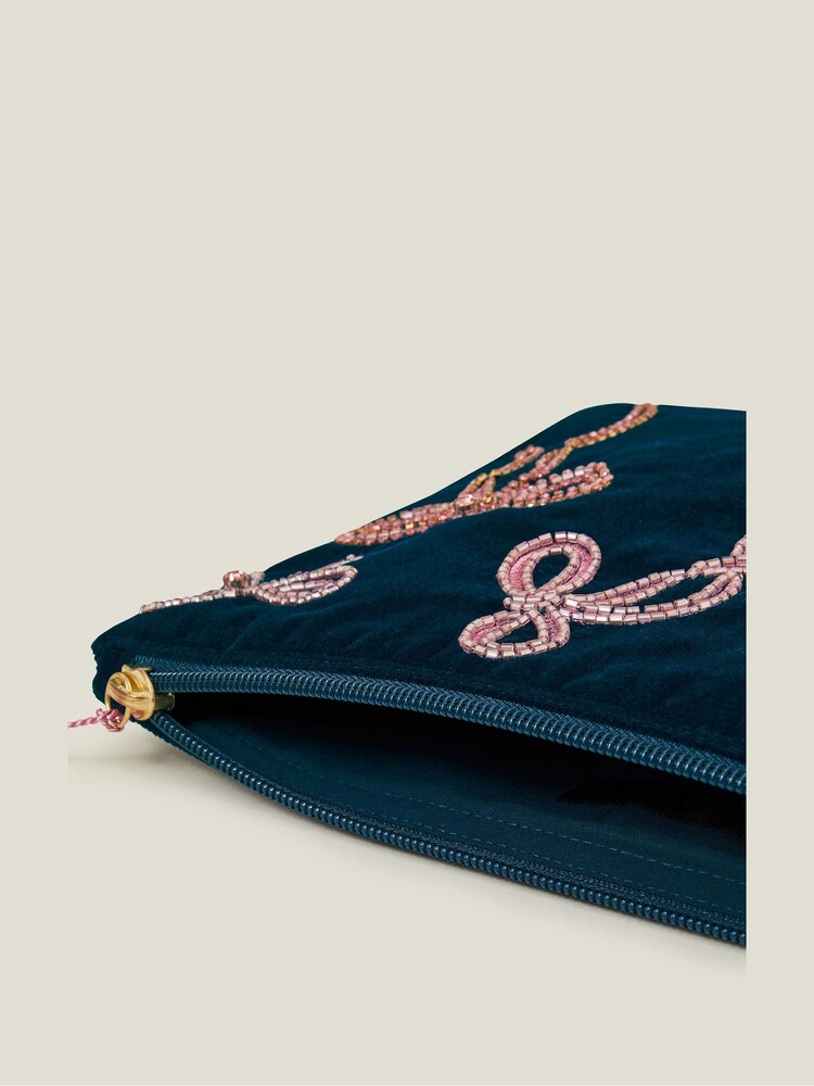Accessorize Blue Large Velvet Embellished Bow Pouch - Image 2 of 2 Accessorize Blue Large Velvet Embellished Bow Pouch - Image 2 of 2
