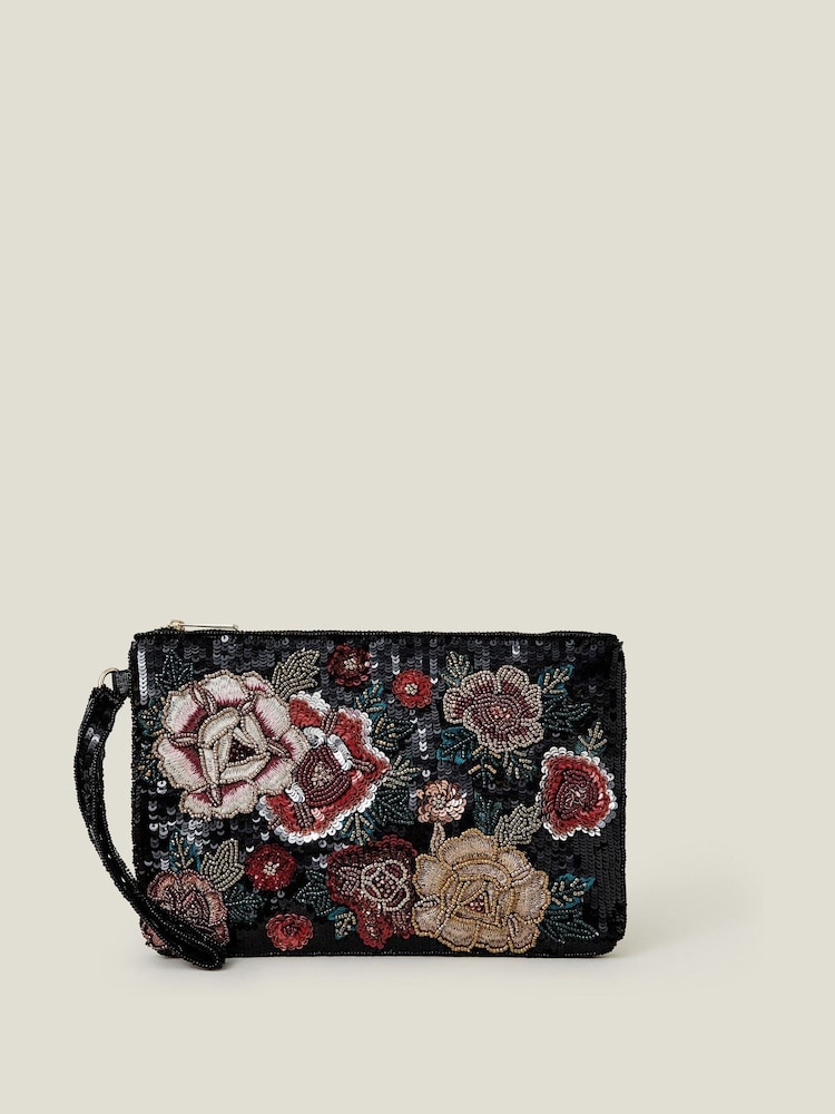 Accessorize Black Floral Embellished Clutch Bag - Image 1 of 2