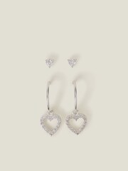 Accessorize Silver Tone Diamante Heart Stud and Hoop Earrings 2 Pack - Image 1 of 3
