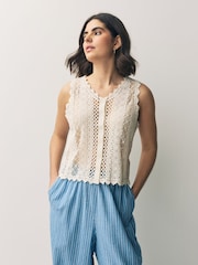 White Ecru Stitch Lace Mesh Button Up Tank Waistcoat - Image 1 of 7