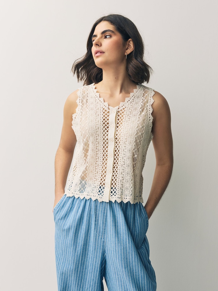 White Ecru Stitch Lace Mesh Button Up Tank Waistcoat - Image 1 of 7