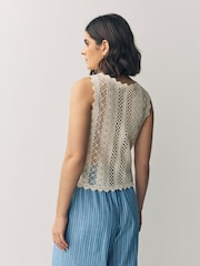 White Ecru Stitch Lace Mesh Button Up Tank Waistcoat - Image 3 of 7