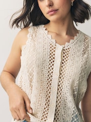 White Ecru Stitch Lace Mesh Button Up Tank Waistcoat - Image 4 of 7