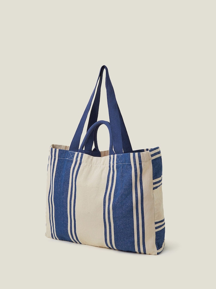 Accessorize Blue Stripe Canvas 100% Cotton Shopper Bag - Image 2 of 4 Accessorize Blue Stripe Canvas 100% Cotton Shopper Bag - Image 2 of 4