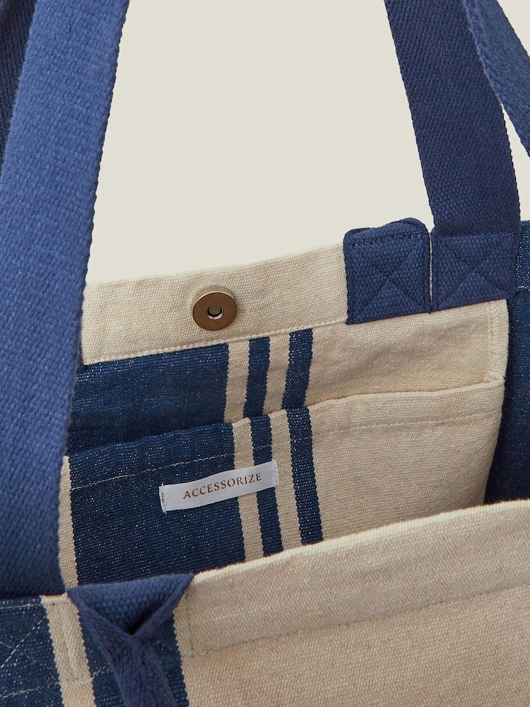 Accessorize Blue Stripe Canvas 100% Cotton Shopper Bag - Image 4 of 4 Accessorize Blue Stripe Canvas 100% Cotton Shopper Bag - Image 4 of 4