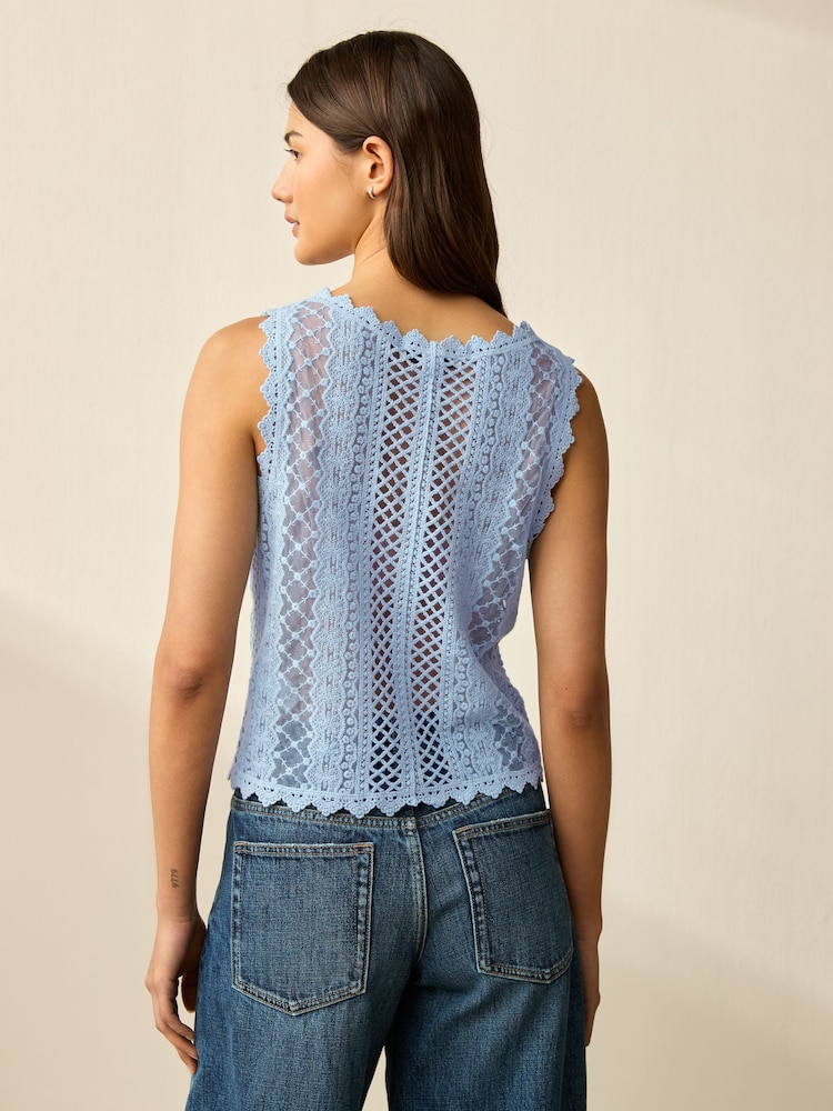 Blue Pale Stitch Lace Mesh Button Up Tank Waistcoat - Image 2 of 7