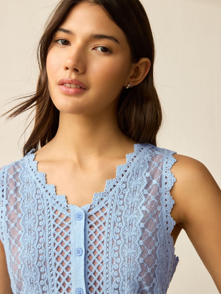 Blue Pale Stitch Lace Mesh Button Up Tank Waistcoat - Image 4 of 7