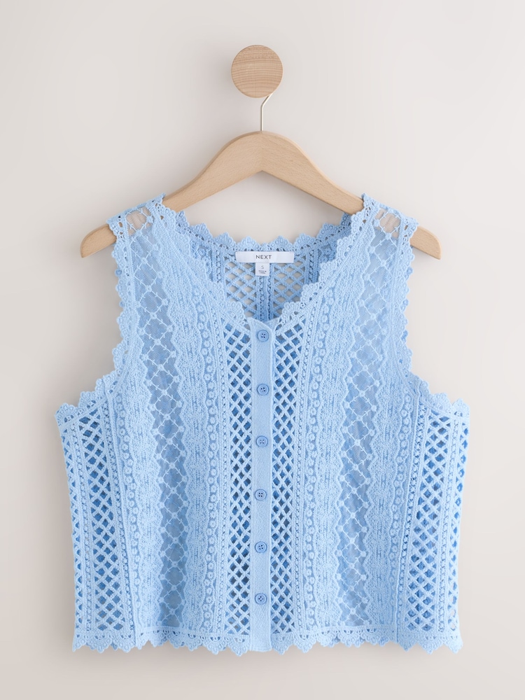 Blue Pale Stitch Lace Mesh Button Up Tank Waistcoat - Image 5 of 7