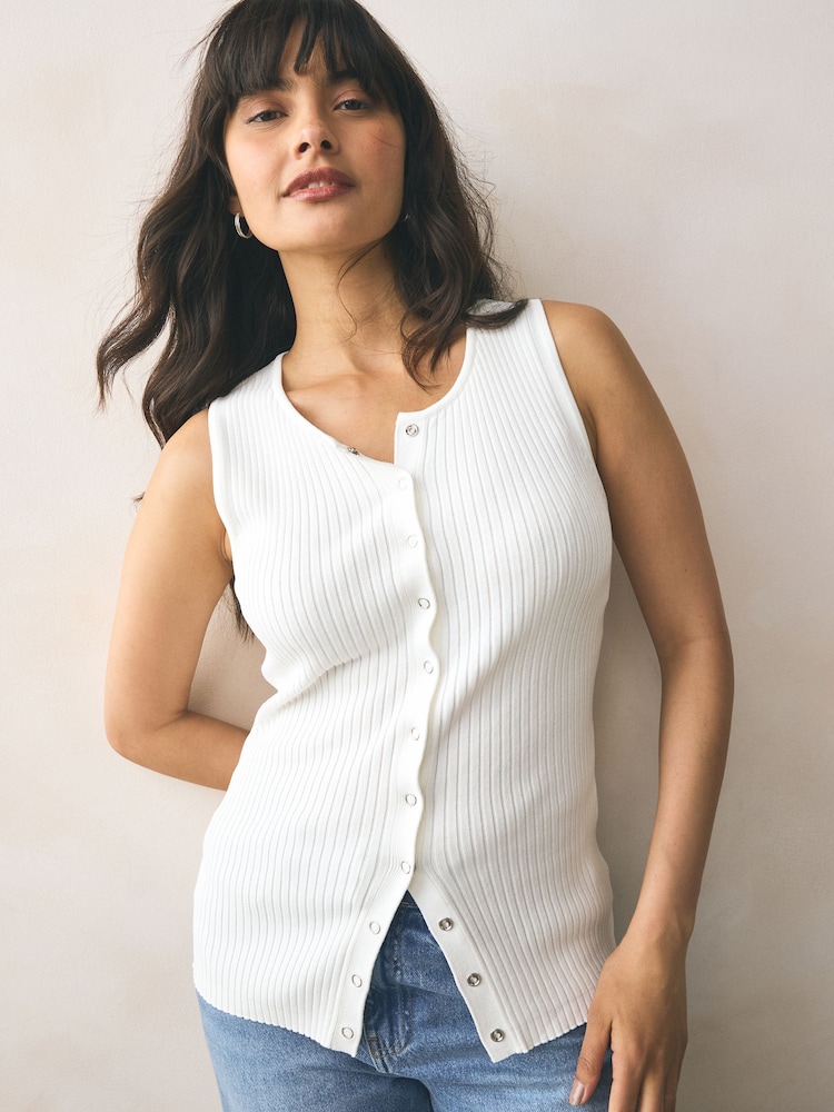 White Ribbed Button Up Waistcoat Tank - Image 1 of 7 White Ribbed Button Up Waistcoat Tank - Image 1 of 7