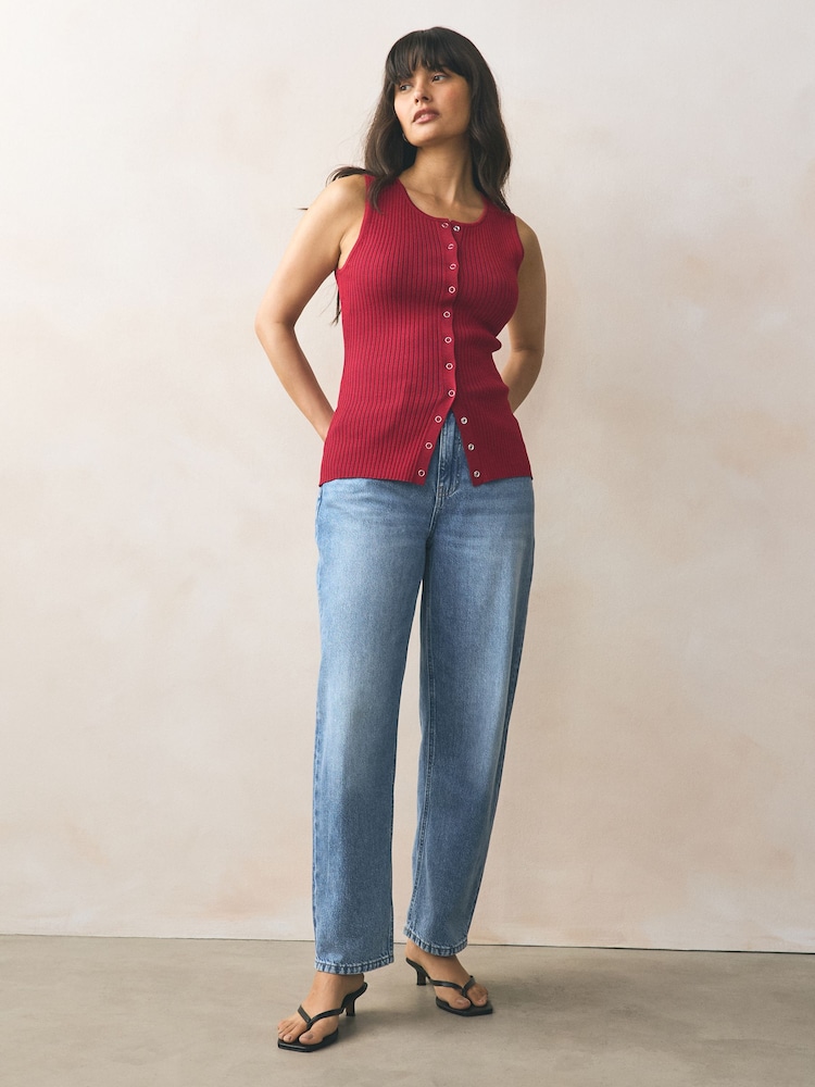 Red Ribbed Button Up Waistcoat Tank - Image 2 of 7 Red Ribbed Button Up Waistcoat Tank - Image 2 of 7