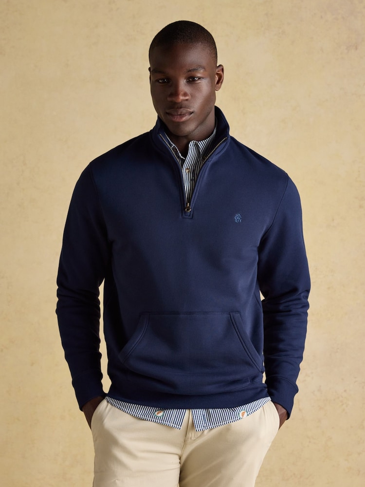 Jenkins Navy Brushed Cotton Quarter Zip Sweatshirt - Image 1 of 8