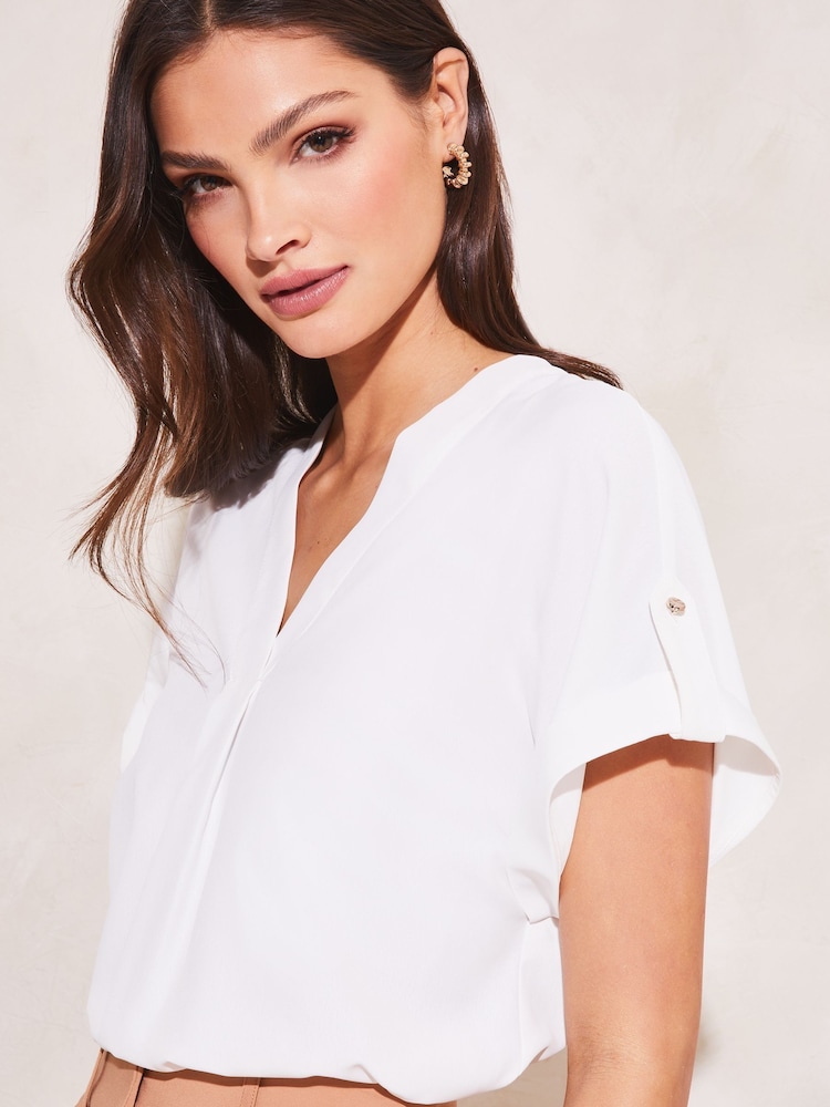 Lipsy White Petite Utility V-Neck Short Roll Sleeve Top - Image 1 of 4