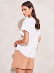Lipsy White Petite Utility V-Neck Short Roll Sleeve Top - Image 2 of 4