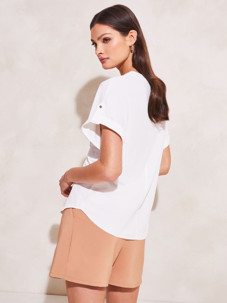 Lipsy White Petite Utility V-Neck Short Roll Sleeve Top - Image 2 of 4