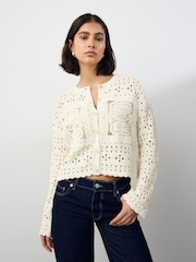 White Ecru Crochet Square Patch Button Up Cardigan - Image 1 of 6