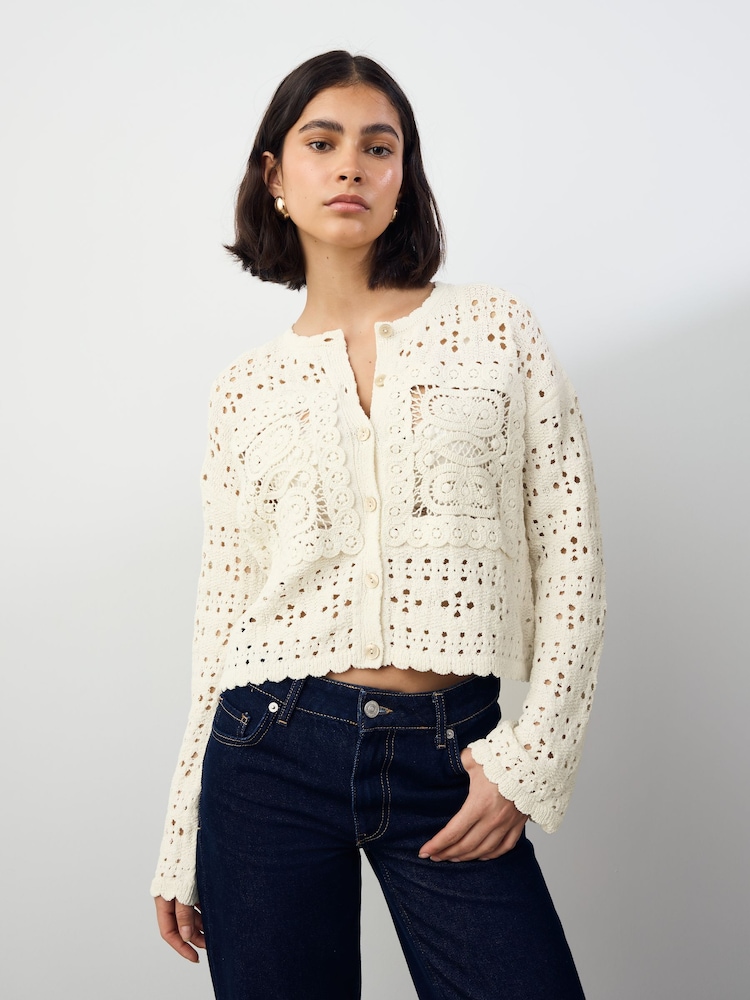 White Ecru Crochet Square Patch Button Up Cardigan - Image 1 of 6