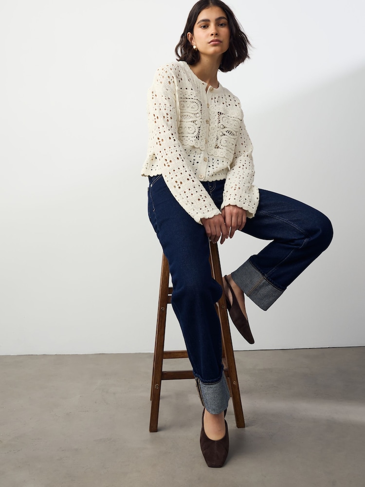 White Ecru Crochet Square Patch Button Up Cardigan - Image 2 of 6