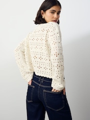 White Ecru Crochet Square Patch Button Up Cardigan - Image 3 of 6