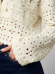 White Ecru Crochet Square Patch Button Up Cardigan - Image 5 of 6