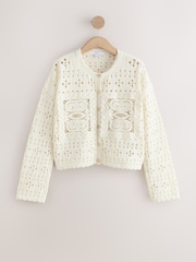 White Ecru Crochet Square Patch Button Up Cardigan - Image 6 of 6