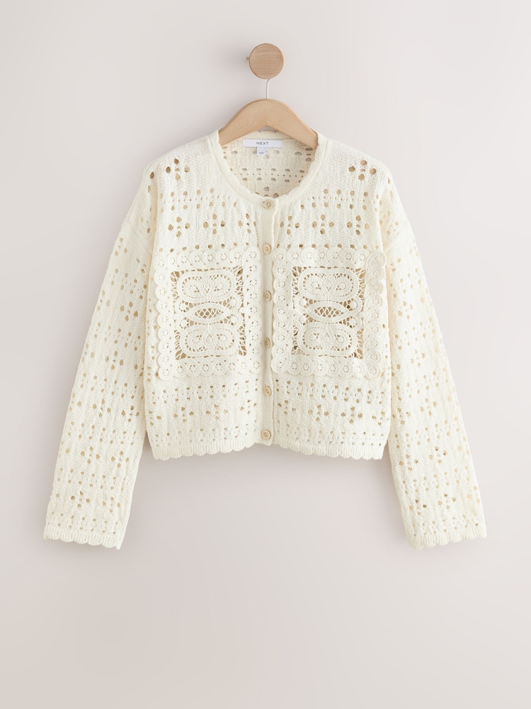 White Ecru Crochet Square Patch Button Up Cardigan - Image 6 of 6