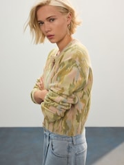 Green Pink Camo 100% Cotton Washed Crew Neck Cardigan - Image 1 of 7
