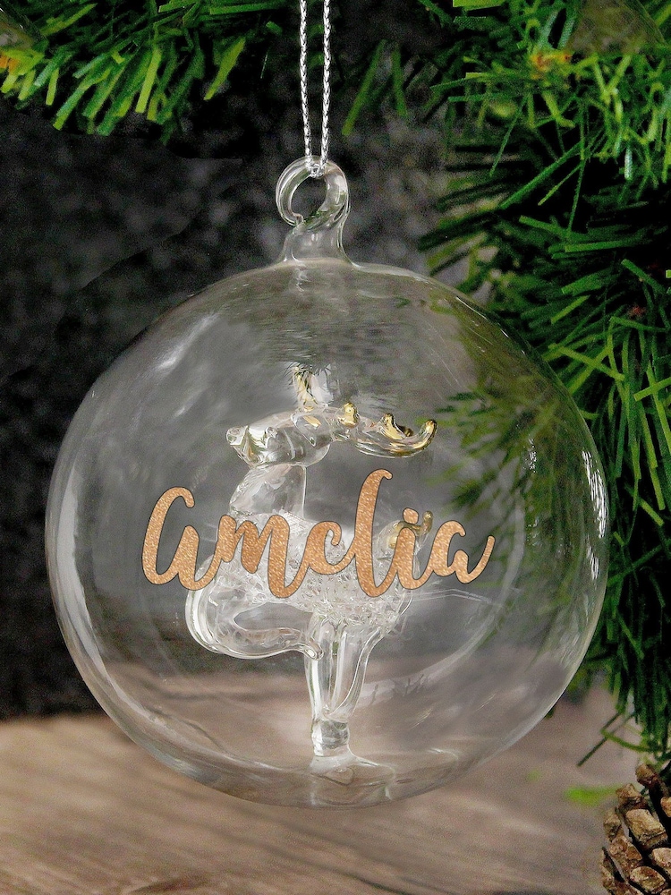 Personalised Reindeer Christmas Glass Bauble by PMC - Image 1 of 3