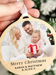 Personalised Photo Upload Wooden Christmas Bauble by PMC - Image 1 of 3