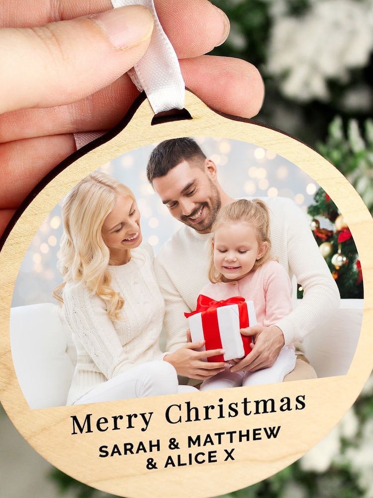 Personalised Photo Upload Wooden Christmas Bauble by PMC - Image 1 of 3 Personalised Photo Upload Wooden Christmas Bauble by PMC - Image 1 of 3