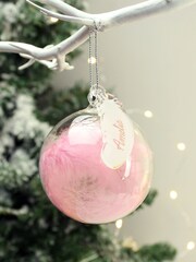 Personalised Pink Feather Christmas Glass Bauble by PMC - Image 2 of 3