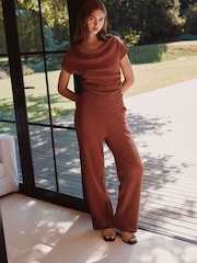 Red Wide Leg Drawstring Textured Trousers - Image 1 of 4