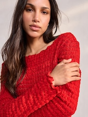 Red Long Sleeve Textured Top - Image 1 of 8