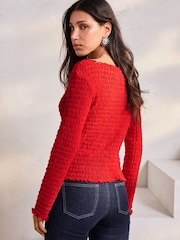 Red Long Sleeve Textured Top - Image 3 of 8