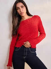 Red Long Sleeve Textured Top - Image 4 of 8