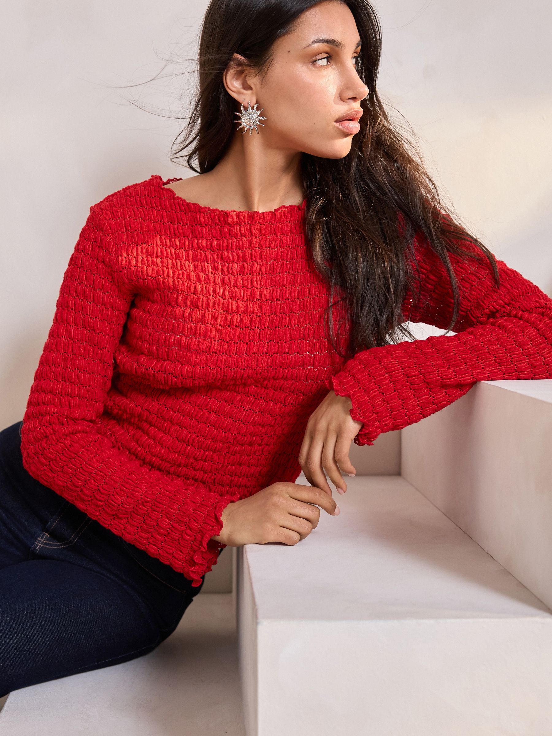 Buy Red Long Sleeve Textured Top from Next Canada